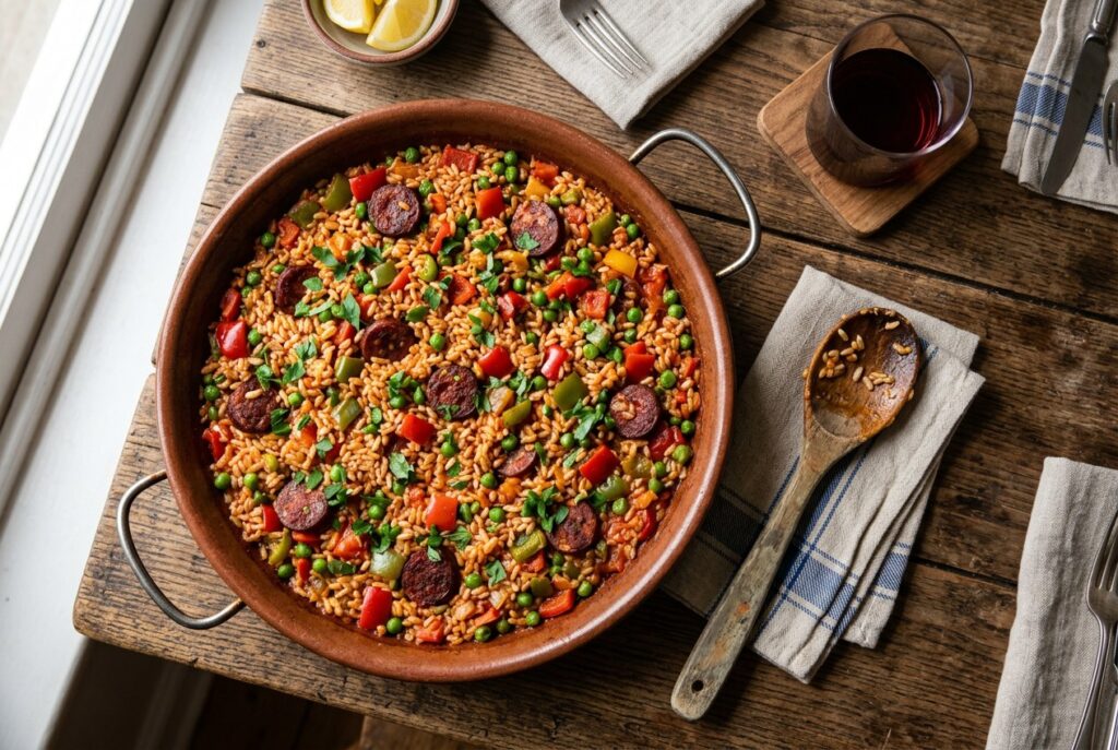 Arroz con chorizo ibérico y verduras, meloso y de un solo puchero