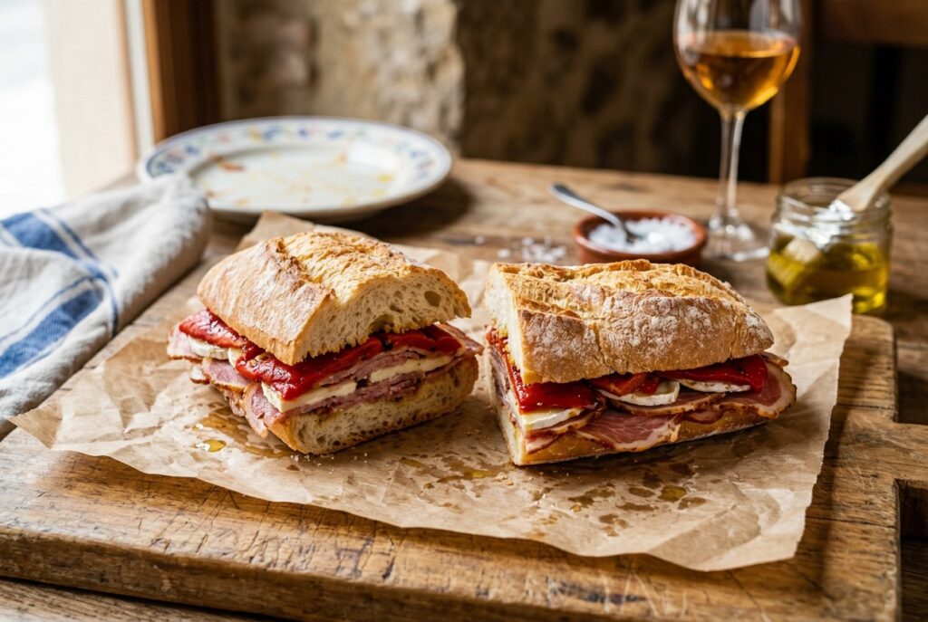 Bocadillo de lomo embuchado con queso y pimientos del piquillo