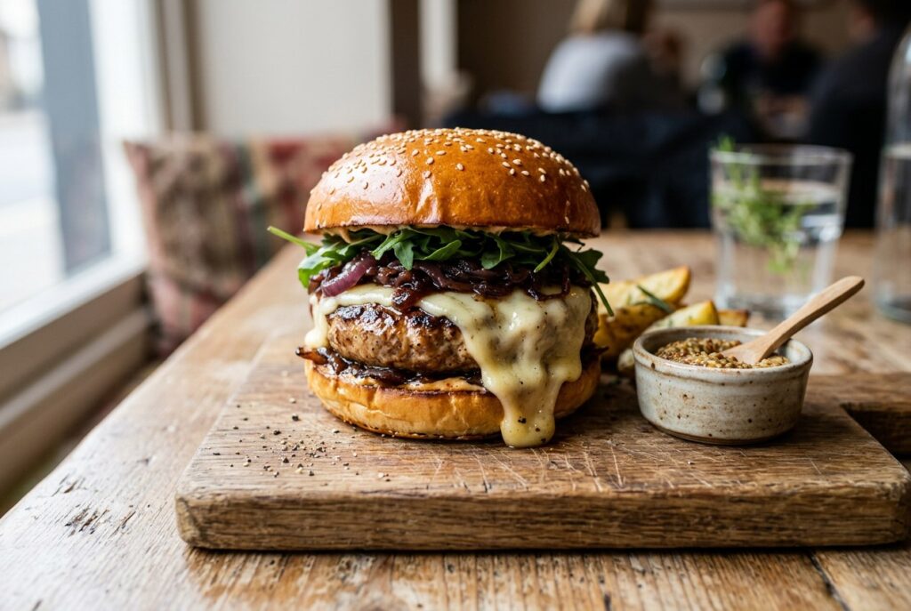Hamburguesa de cerdo Duroc con queso semicurado y cebolla caramelizada