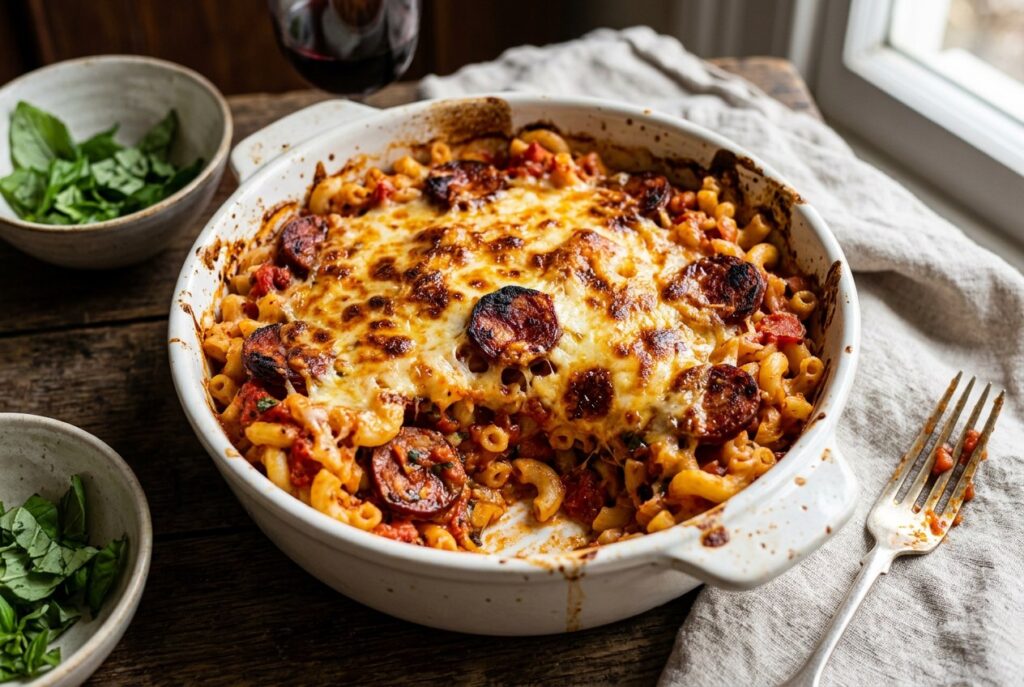 Macarrones con chorizo picante y tomate casero, gratinados