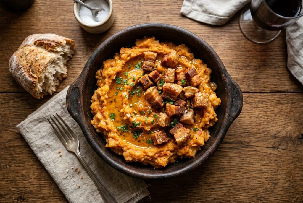 Patatas revolconas con torreznos de panceta curada
