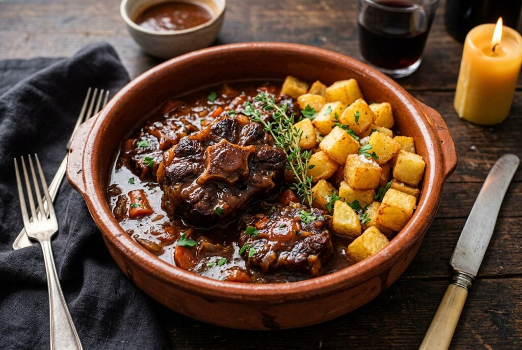 Rabo de toro estofado al vino tinto, receta tradicional