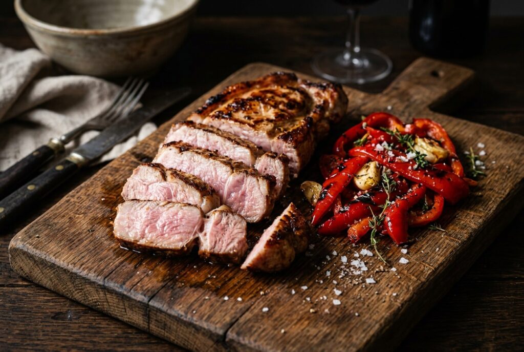 Secreto de cerdo Duroc a la plancha con pimientos asados